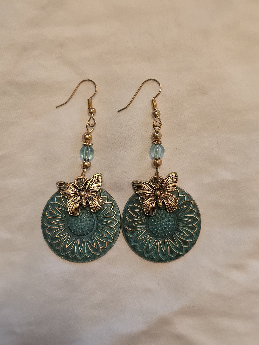 Teal Boho Floral Disc Drop Earrings with Gold Butterfly Accent